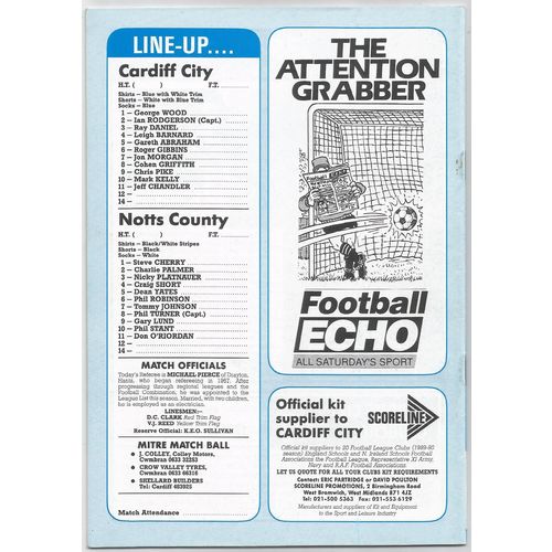 MATCH PROGRAMME 1989-90 CARDIFF CITY v NOTTS COUNTY (Very Good - No Writing)