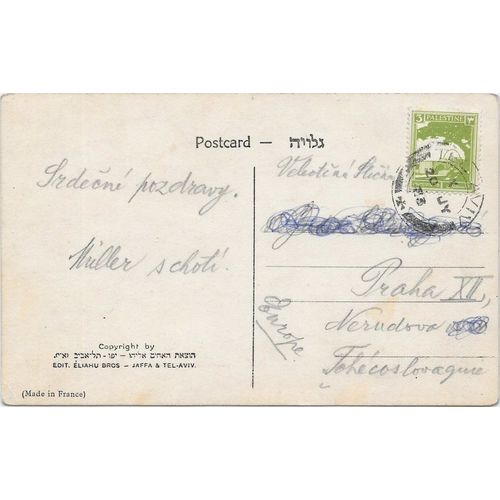 Palestine Tel-aviv Post card 1933 to Czechsolovakia. Jerusalem Real Photo view