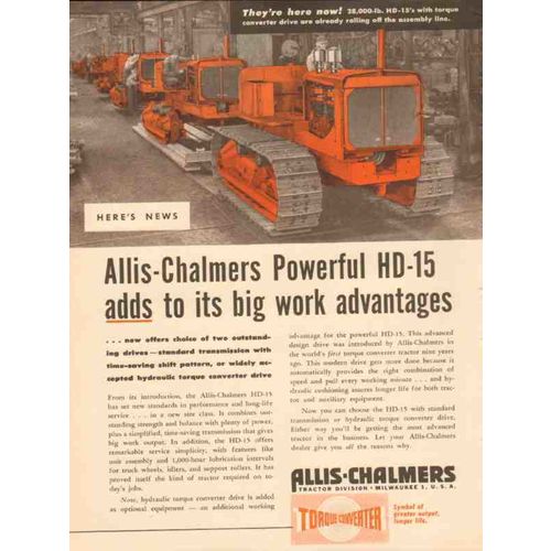 ALLIS-CHALMERS 1954 Powerful HD-15 tractor hydraulic torque vintage ad