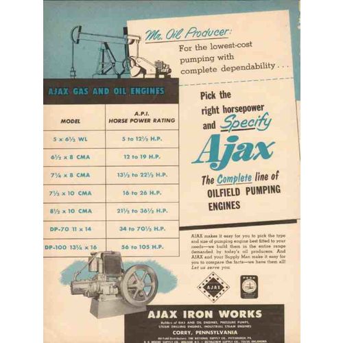 AJAX IRON WORKS 1954 pick right horsepower oilfield engines vintage ad