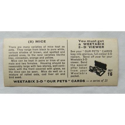 1960s Weetabix 3-D Our Pets Card No. 8 Mice