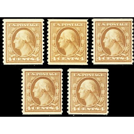 495, Mint VF NH 4¢ Coils Group of Five Stamps Cat $64.50 - Stuart Katz