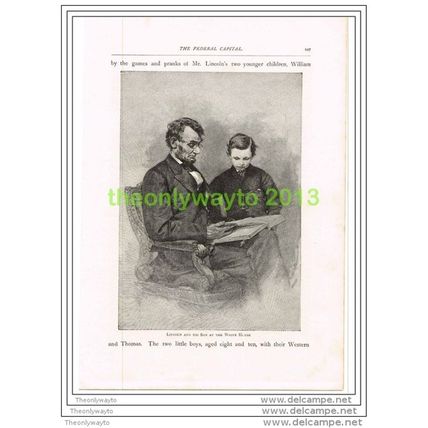 PRESIDENT LINCOLN AND HIS SON AT WHITE HOUSE, USA, BOOK ILLUSTRATION 1891