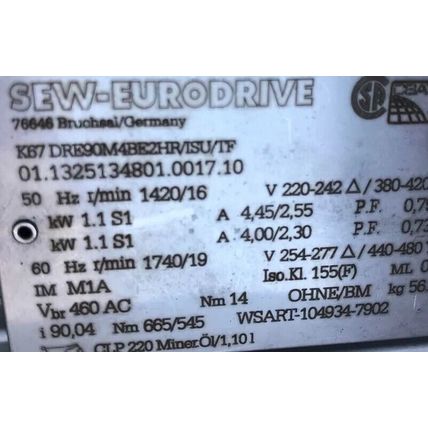 SEW EURODRIVE K67DRE90M4BE2HR/ISU/TF AC MOTOR 3PH 01.1325134801.0017.10,FAN,AR