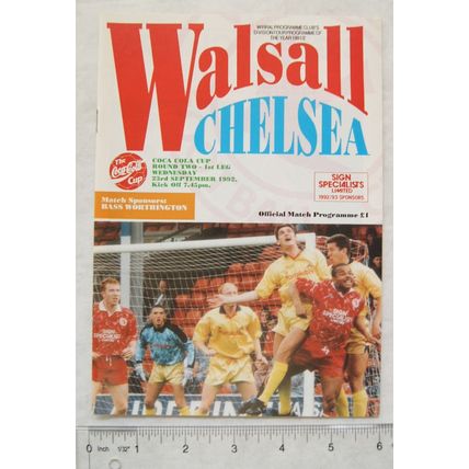 1992 programme Walsall v. Chelsea, League Cup Round 2, 1st leg