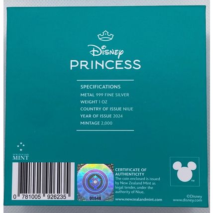1 oz 2024 Agoro Silver Collectible Coin Jasmine Disney Princess Mintage 2000