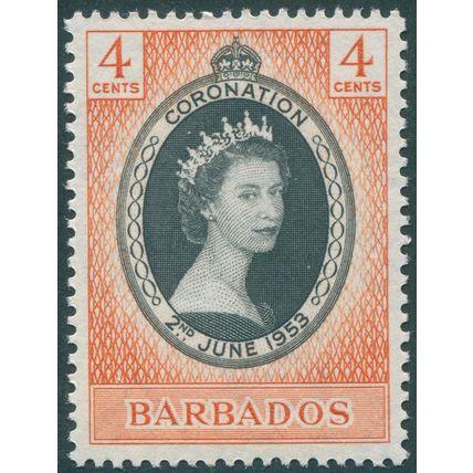 Barbados 1953 4c black & red-orange Coronation SG302 unused