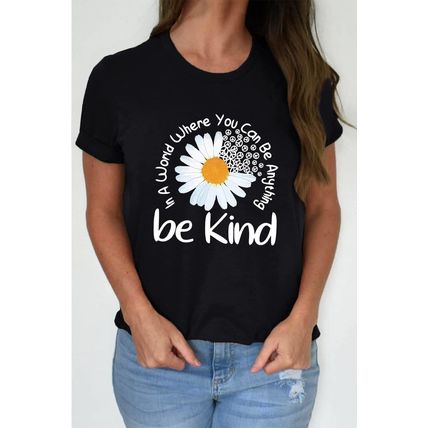 Black be kind Daisy Slogan Print Crewneck Casual Tee