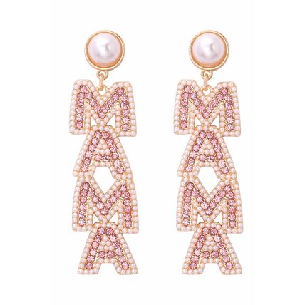 Apricot Pink MAMA Rhinestone Pearl Dangle Stud Earrings
