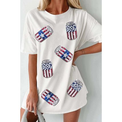 White Sequin American Flag Can Oversized Graphic Tee