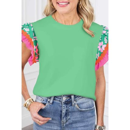 Light Green Contrast Ricrac Floral Sleeve Top