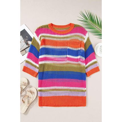 Orange Stripe Colorblock Hollowed Crochet 3/4 Sleeve Sweater