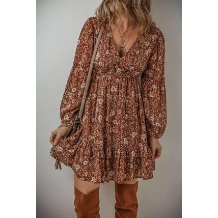 Brown Boho Floral Ruffled Puff Sleeve V Neck Mini Dress