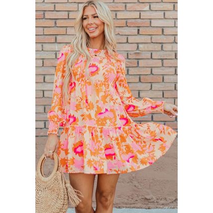 Orange Abstract Print Smocked Lantern Sleeve Ruffle Mini Dress