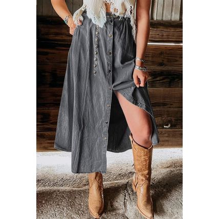 Dark Grey Fully Buttoned Long Denim Skirt