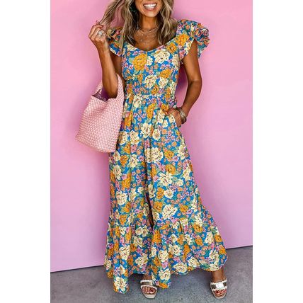 Yellow Floral Allover Print Shirred Cut Out High Waist Jumpsuit