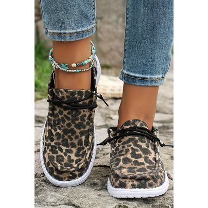 Coffee Lace-up Decor Leopard Canvas Shoes