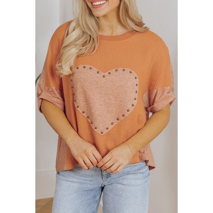 Desert Gold Stud Heart Patch Textured Front Dolman Top