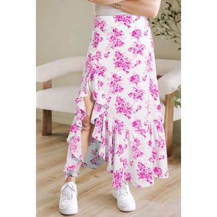 Rose Boho Floral High Waist Ruffle Split Maxi Skirt