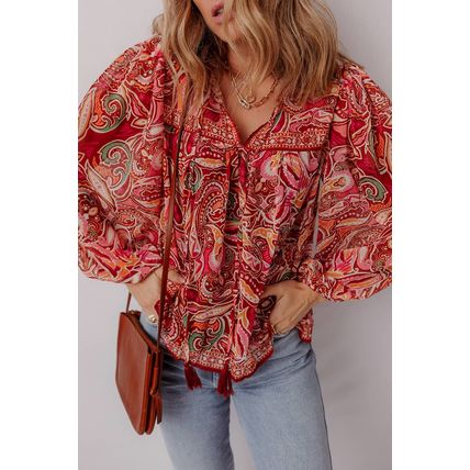 Multicolour Ethnic Paisley Print Tassel Tie Puff Sleeve Boho Blouse
