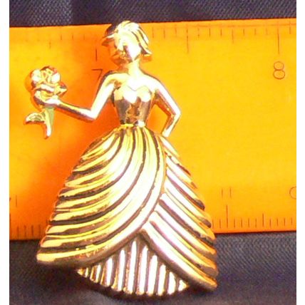 1970's Goldtone Brooch Woman Holding Rose