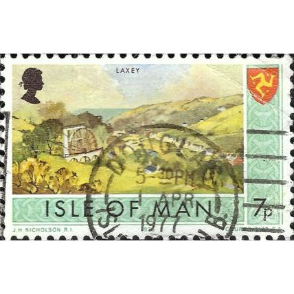 ISLE OF MAN, Laxey Wheel, green 1975, 7p, #2