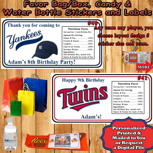 Baseball MLB Birthday Favor Stickers Water Bottle Labels Personalized ANY Team