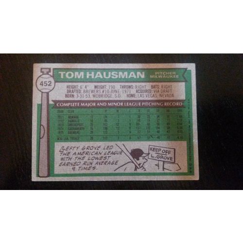 1976 Topps Card # 452 Tom Hausman Very Good (3) Milwaukee Brewers