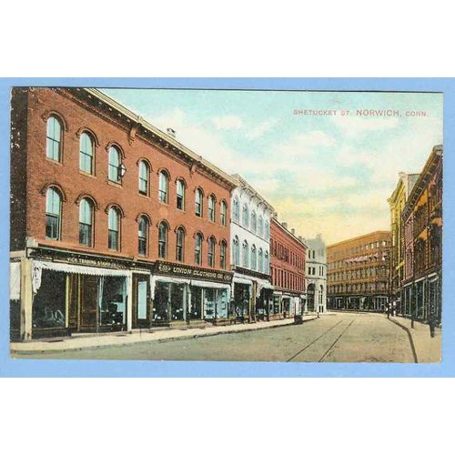 CT Norwich Shetucket St Street Scene w/Trolley Track Old Buildings~658