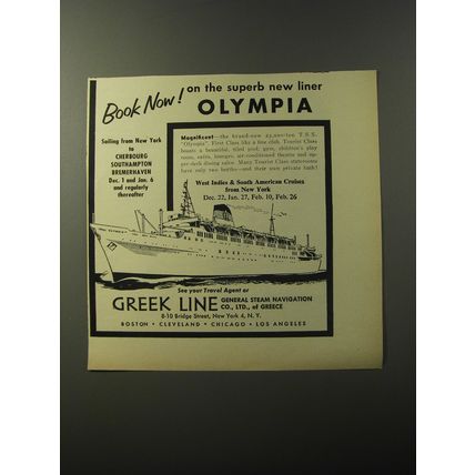1953 Greek Line Cruise Ad - Book now! On the superb new liner Olympia