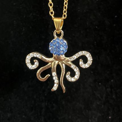 Necklace Blue Rhinestone Octopus Pendant Gold Tone #656