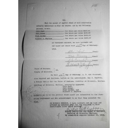 1913 "Missoula Amusement Company" Articles of Incorporation. Original documents.
