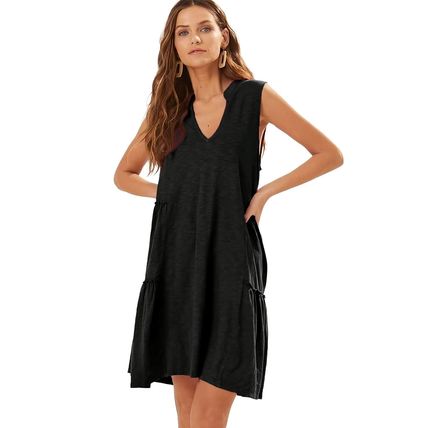 Black Split V Neck Tiered Flowy Sleeveless Dress