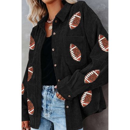 Black Sequin Rugby Pattern Buttoned Corduroy Shacket