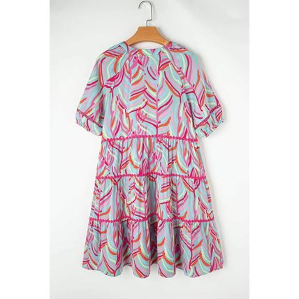Light Blue Abstract Printed Ricrac Tiered Puff Sleeve Dress