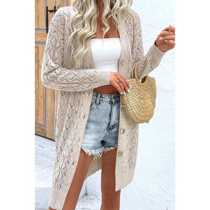 Parchment Hollow Out Buttons Front Long Cardigan