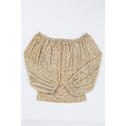 Beige Leopard Velvet Burnout Off Shoulder Long Sleeve Blouse