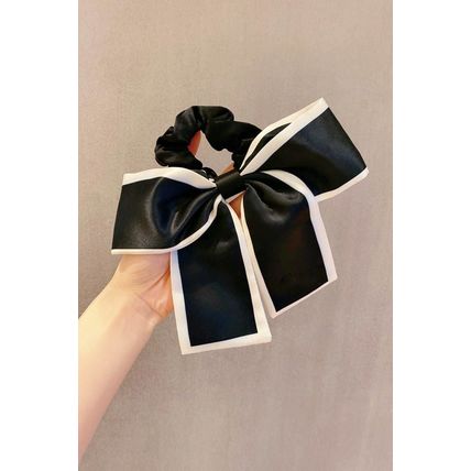 Color black Contrast Trim Satin Bow Knot Hair Scrunchie