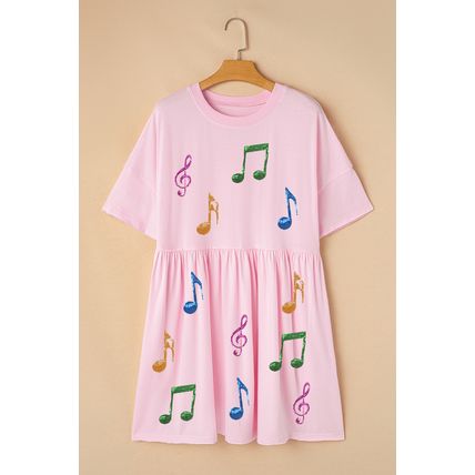 Light Pink Sequined Note Pattern Raw Edge Music Festival Babydoll T-shirt Dress
