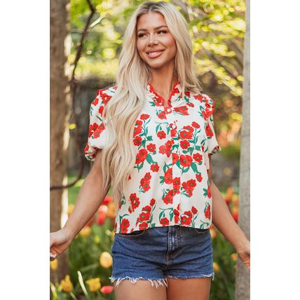 Red Floral Print Ruffled Puff Sleeve Elegant Summer Shirt