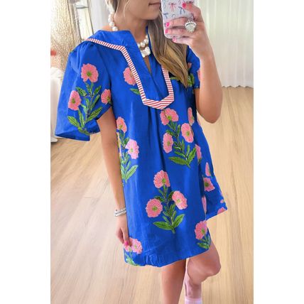 Blue Floral Short Sleeve Split Neck Loose Mini Dress