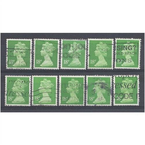 BULK STOCK.18p Bright Green x 10.Type Unchecked.Fine Used.nb12c
