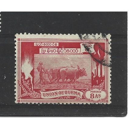 Burma.SG109 8a Ploughing paddy field with oxen (Red).Fine Used.Jul25l