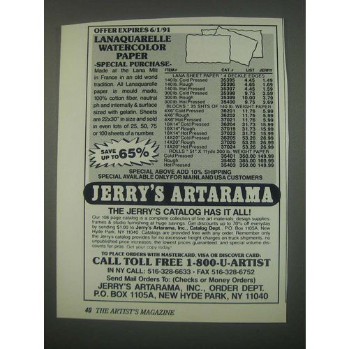 1991 Jerry's Artarama Ad - Offer Expires 6/1/91 Lanaquarelle Watercolor paper