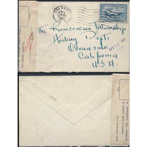 Canada War Issue Air Mail 1944 Calgary Alberta to USA, Postal Censorship