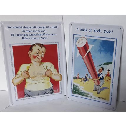 A PAIR OF 50's SEASIDE HUMOUR - METAL WALL PLAQUES - Gladys & Rock - 15 x 10 cm