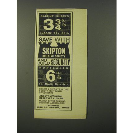 1964 Skipton Building Society Ad - Paid-up Shares 3 3/4& Income Tax paid