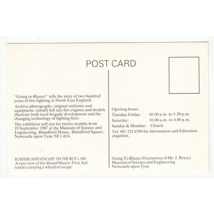 Shand Mason Tender Sunderland Fire Brigade Reproduction Postcard