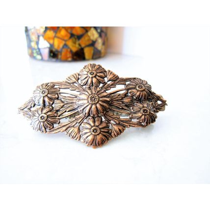 Copper plated brass or silver metal flower filigree hair clip barrette