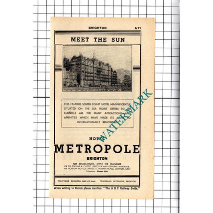Hotel Metropole Brighton / Butlin's Ocean Hotel Brighton Advert - 1958 Cutting